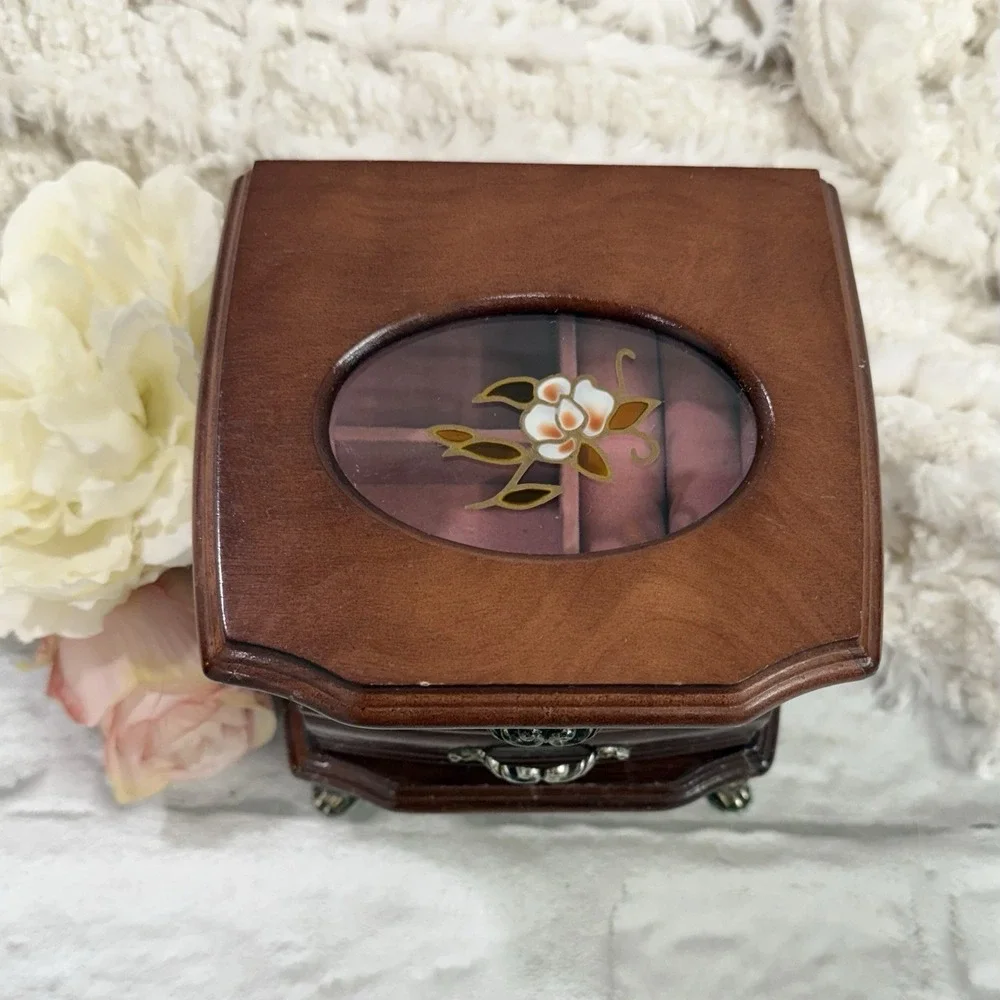 Vtg MeLe Small Wood Claw Foot Jewelry Music Box Stain Glad Flower Pretty Dainty
